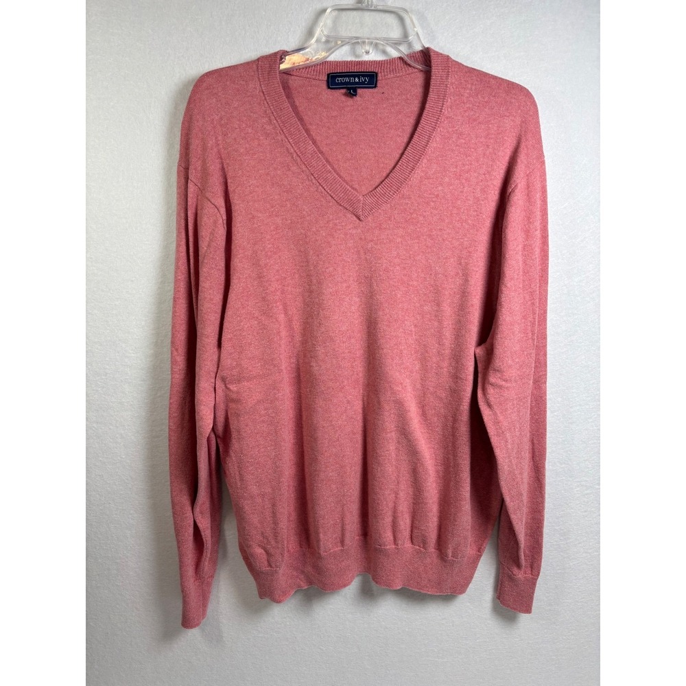 Crown & Ivy Mens V-Neck Sweater Salmon Pink Cotton Cashmere Blend Size L